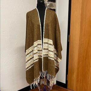 Brown Striped Full Length Poncho with Fringe
